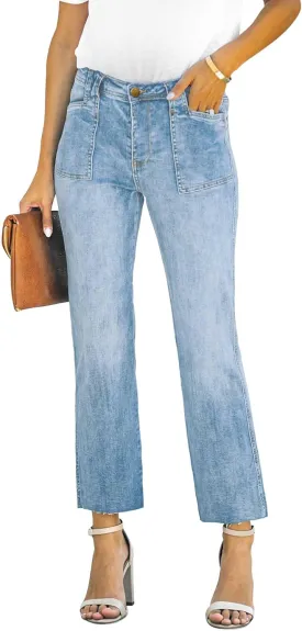 ALLABREVE Wide Leg Jeans for Women High Waisted Stretchy Denim Capri Pants Hem Cropped Baggy Straight Leg Jeans with Pocket