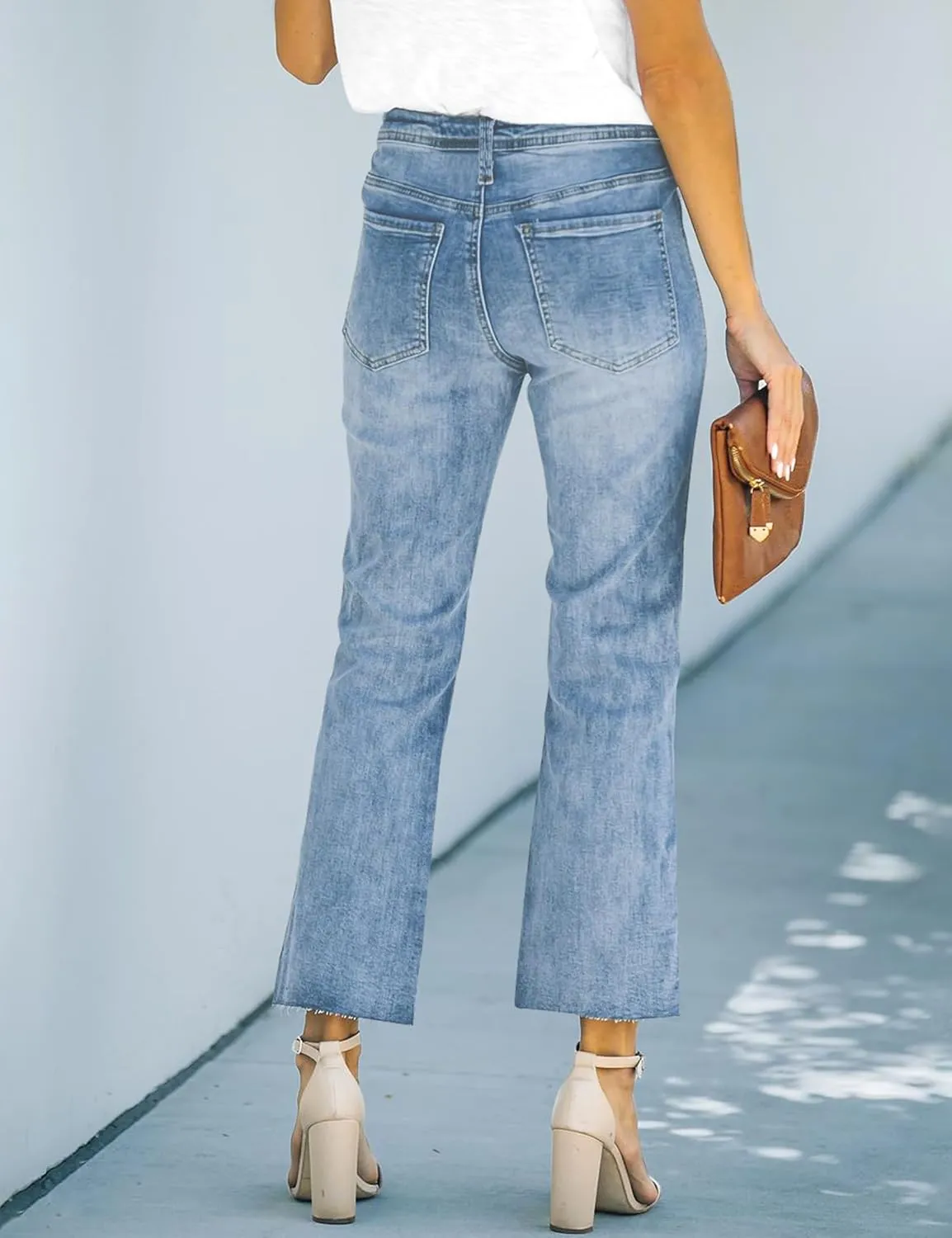 ALLABREVE Wide Leg Jeans for Women High Waisted Stretchy Denim Capri Pants Hem Cropped Baggy Straight Leg Jeans with Pocket