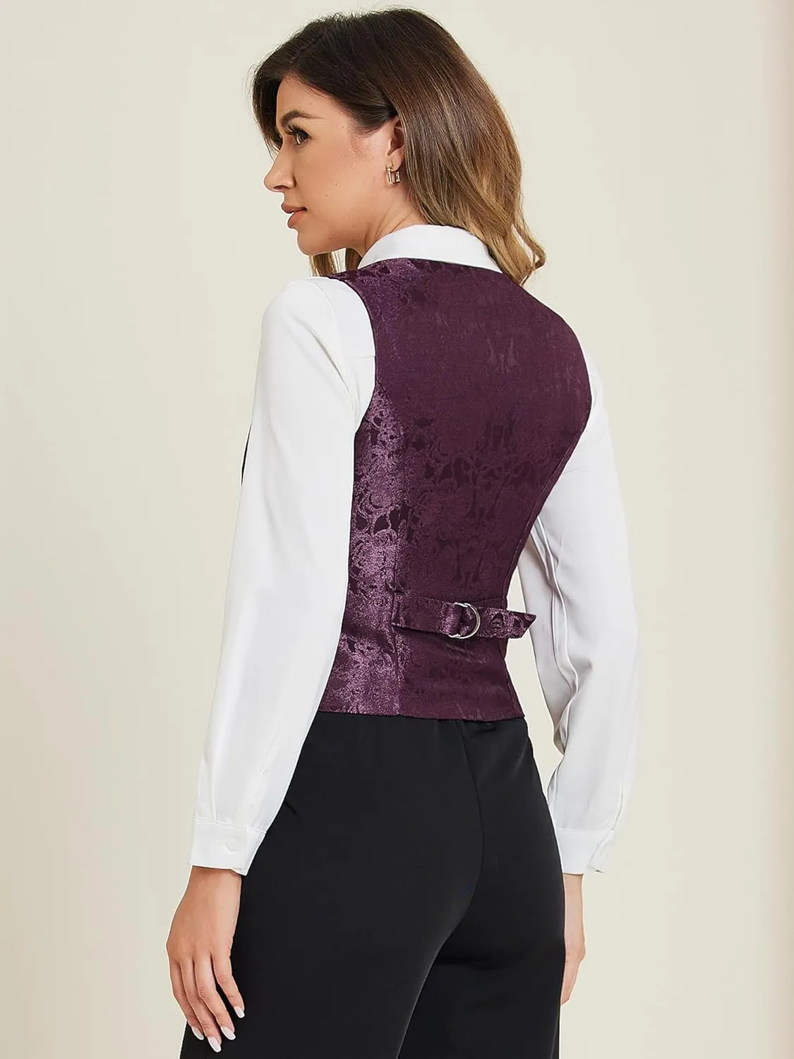 Allegra K Vintage Vest for Women's Button Up Jacquard Steampunk Suit Waistcoat with Pockets