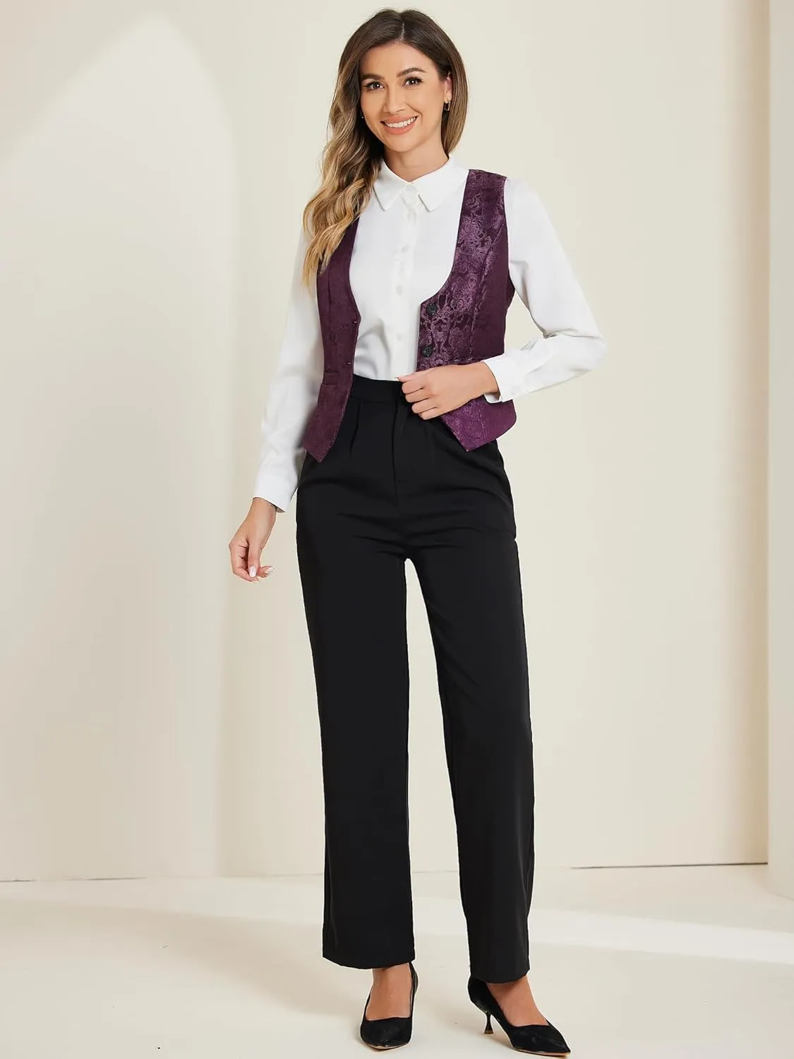 Allegra K Vintage Vest for Women's Button Up Jacquard Steampunk Suit Waistcoat with Pockets
