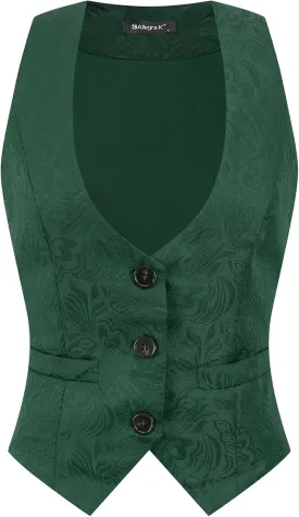 Allegra K Vintage Vest for Women's Button Up Jacquard Steampunk Suit Waistcoat with Pockets