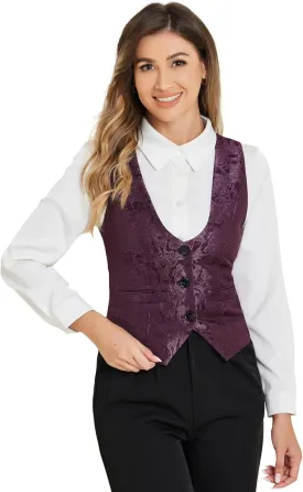 Allegra K Vintage Vest for Women's Button Up Jacquard Steampunk Suit Waistcoat with Pockets