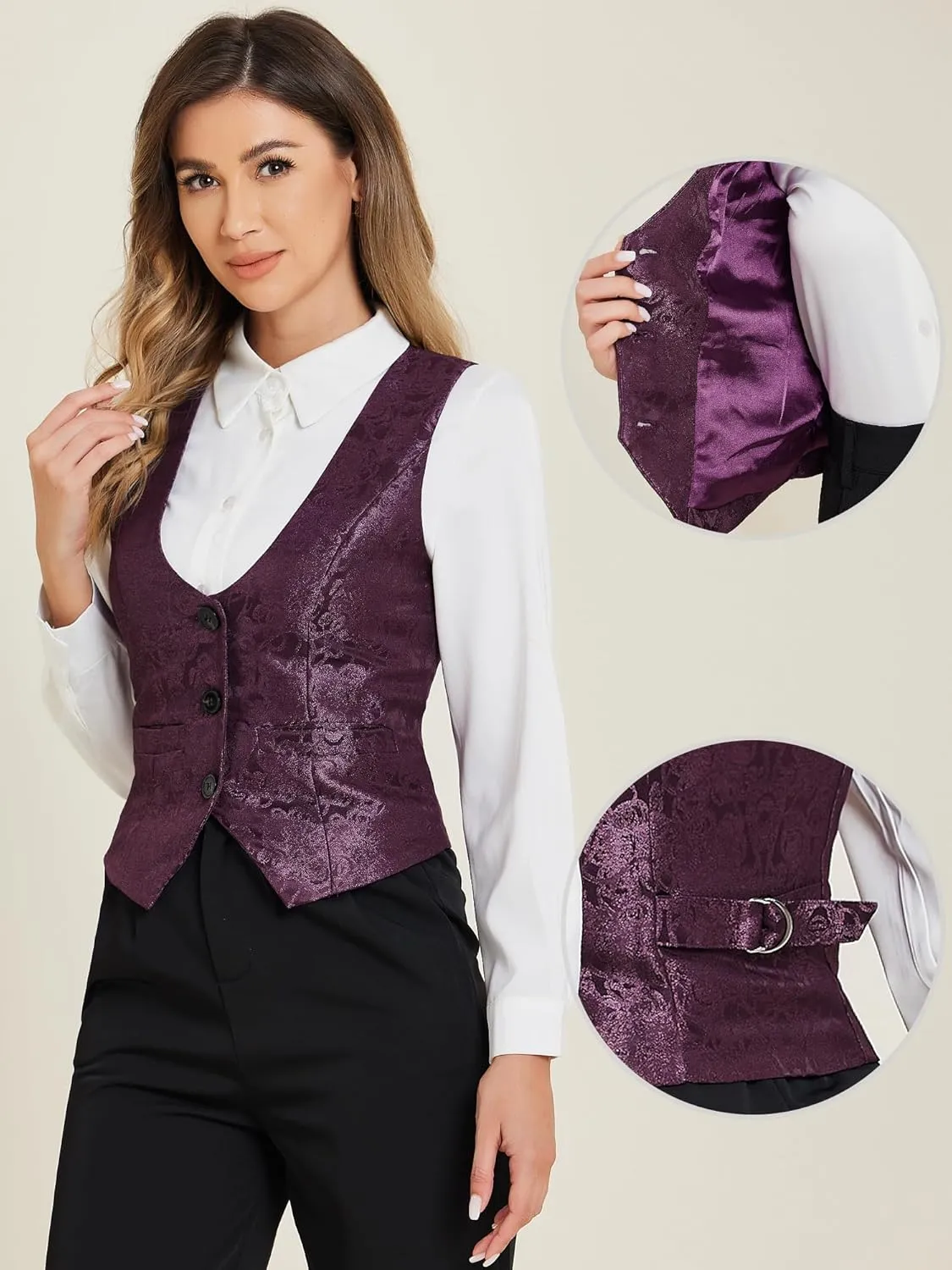 Allegra K Vintage Vest for Women's Button Up Jacquard Steampunk Suit Waistcoat with Pockets