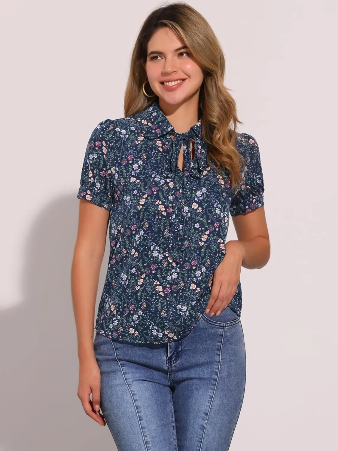 Allegra K Women's Retro Blouses Printed Bow Tie Peter Pan Collar Chiffon Blouse