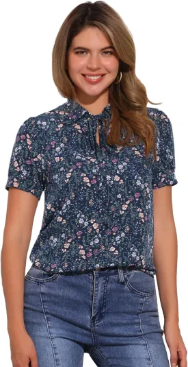 Allegra K Women's Retro Blouses Printed Bow Tie Peter Pan Collar Chiffon Blouse