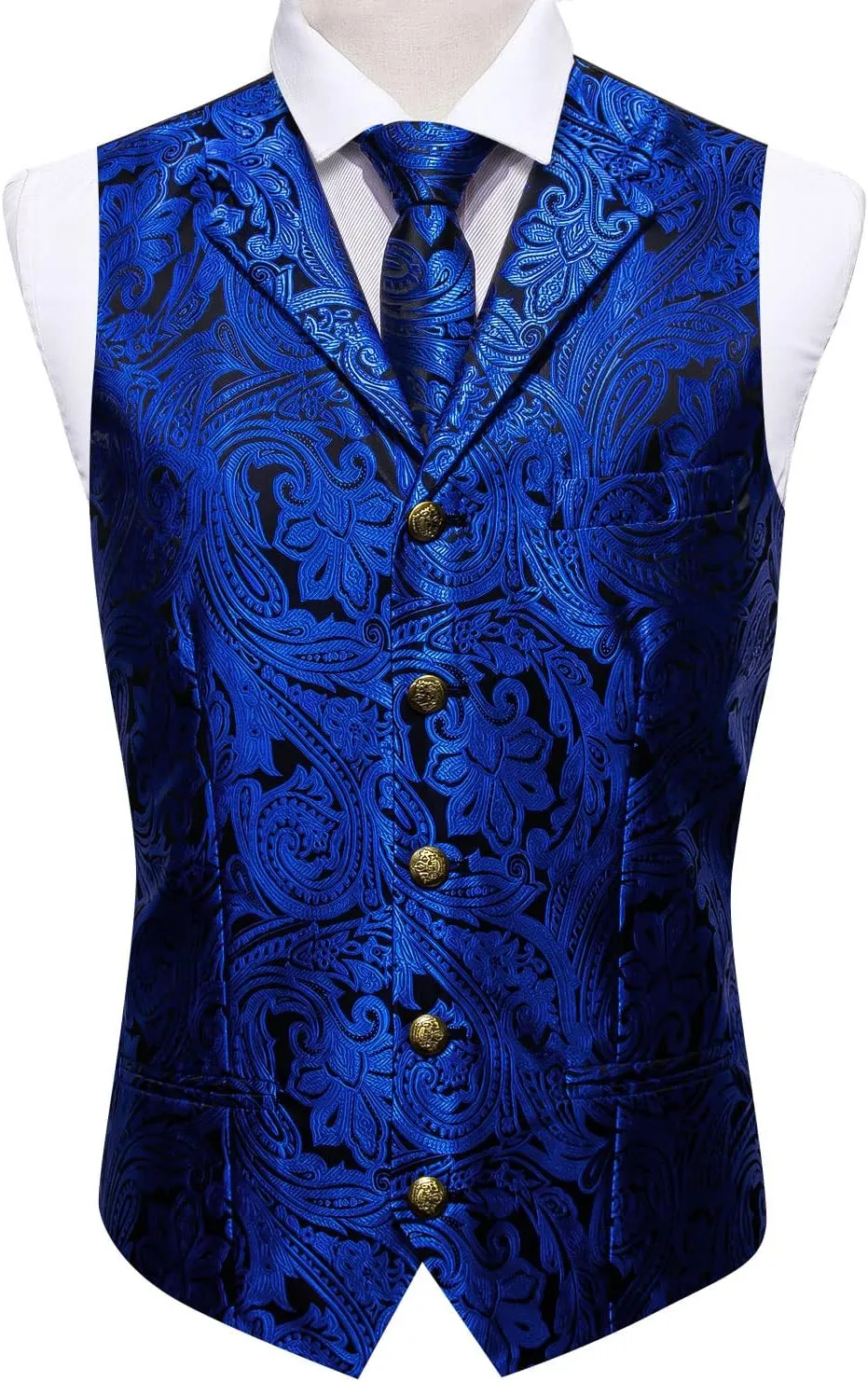 Barry.Wang Mens Paisley Formal Silk Jacquard Suit Vest Tailored Collar Waistcoat Tie Clip Set 5PCS Wedding Party Tuxedo
