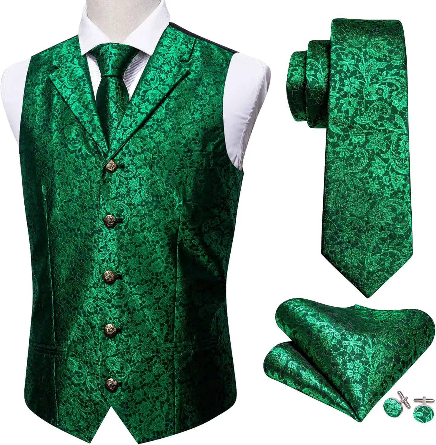 Barry.Wang Mens Paisley Formal Silk Jacquard Suit Vest Tailored Collar Waistcoat Tie Clip Set 5PCS Wedding Party Tuxedo