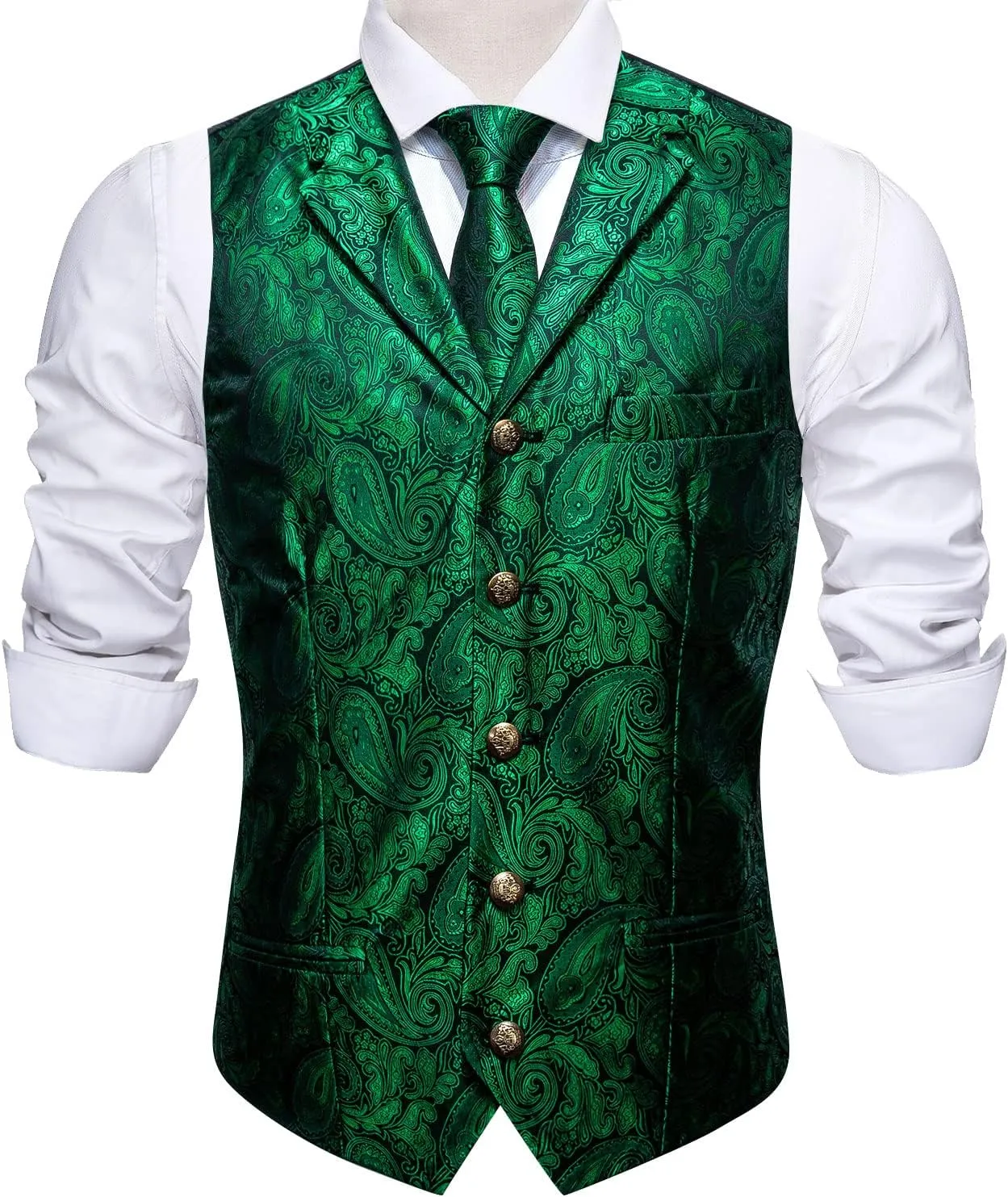 Barry.Wang Mens Paisley Formal Silk Jacquard Suit Vest Tailored Collar Waistcoat Tie Clip Set 5PCS Wedding Party Tuxedo