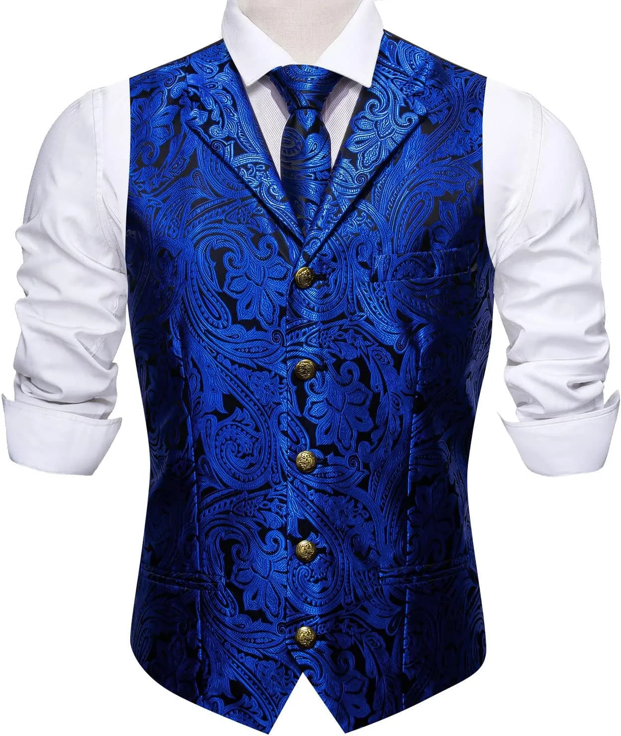 Barry.Wang Mens Paisley Formal Silk Jacquard Suit Vest Tailored Collar Waistcoat Tie Clip Set 5PCS Wedding Party Tuxedo