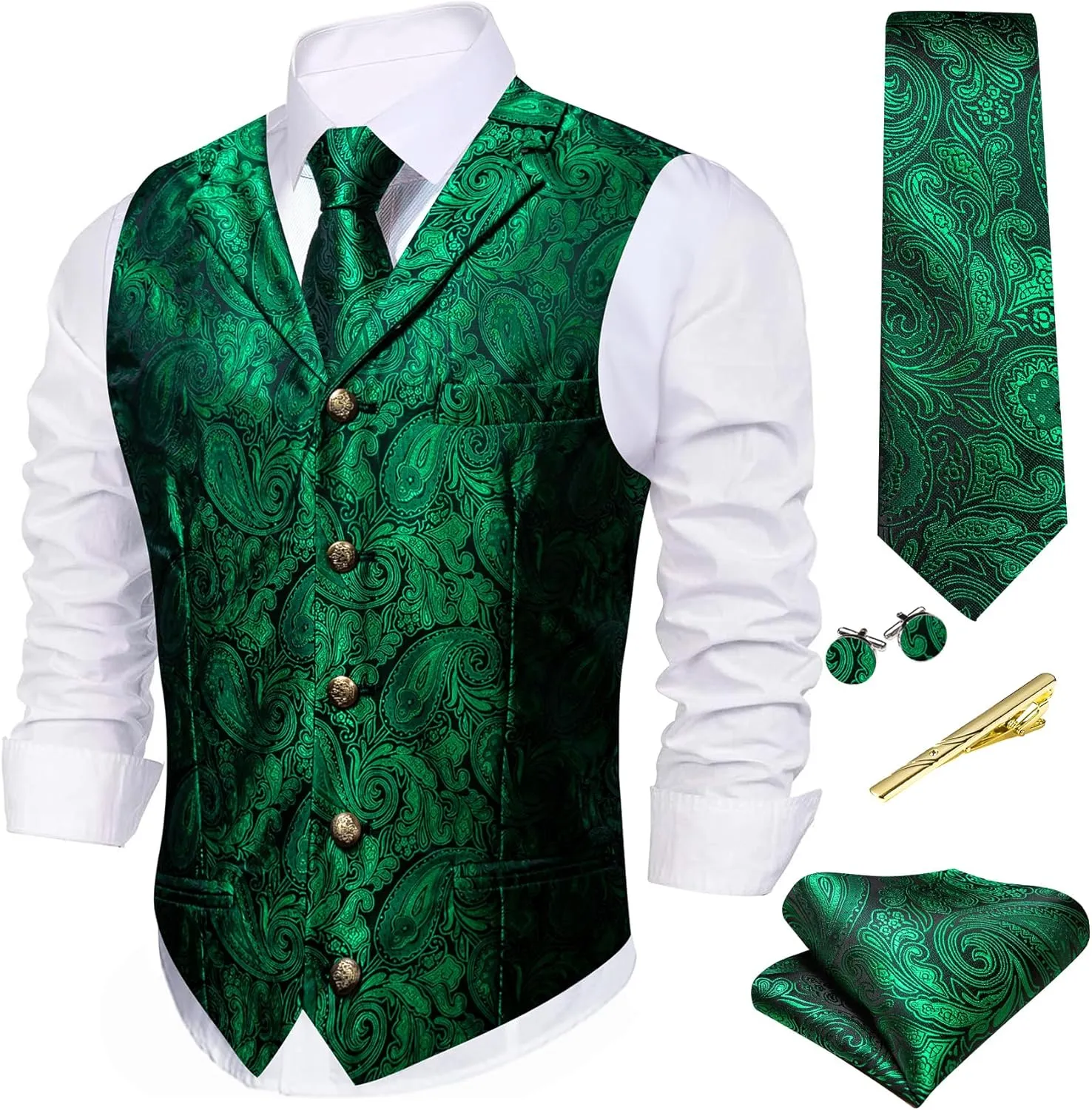 Barry.Wang Mens Paisley Formal Silk Jacquard Suit Vest Tailored Collar Waistcoat Tie Clip Set 5PCS Wedding Party Tuxedo