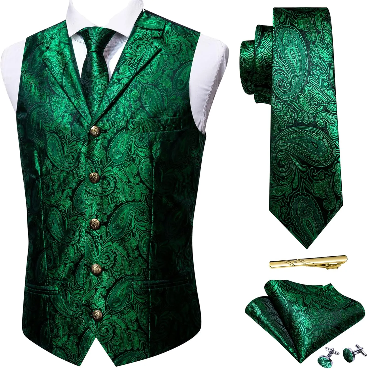 Barry.Wang Mens Paisley Formal Silk Jacquard Suit Vest Tailored Collar Waistcoat Tie Clip Set 5PCS Wedding Party Tuxedo