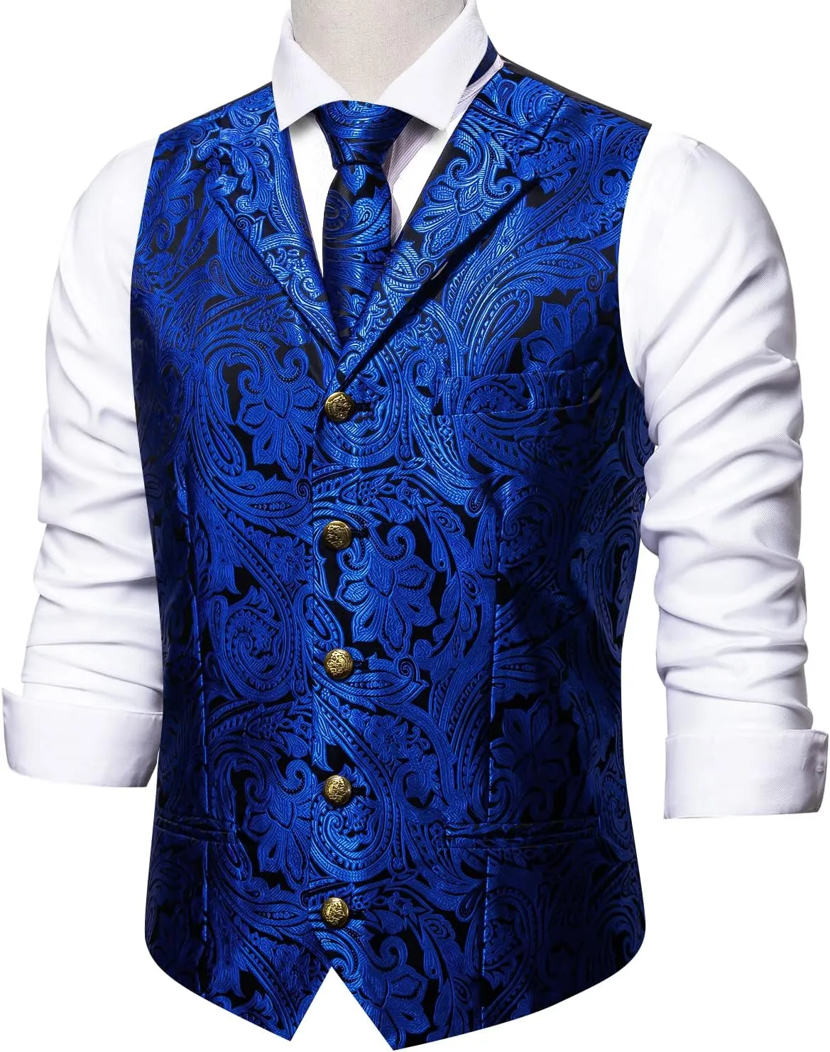 Barry.Wang Mens Paisley Formal Silk Jacquard Suit Vest Tailored Collar Waistcoat Tie Clip Set 5PCS Wedding Party Tuxedo