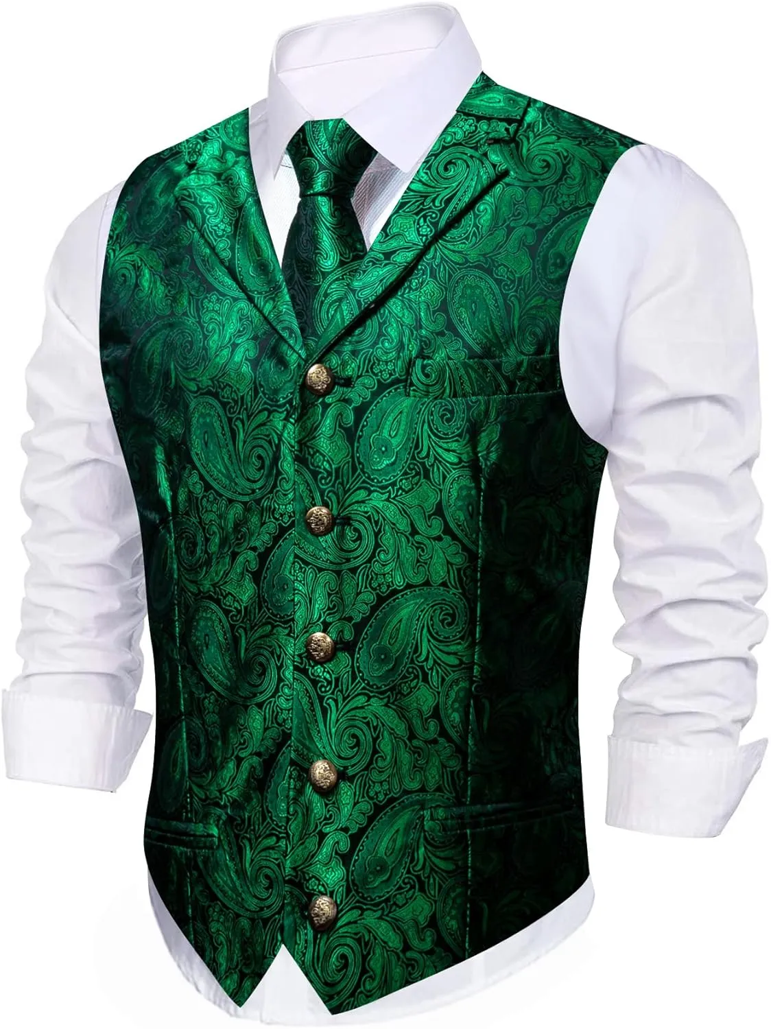 Barry.Wang Mens Paisley Formal Silk Jacquard Suit Vest Tailored Collar Waistcoat Tie Clip Set 5PCS Wedding Party Tuxedo