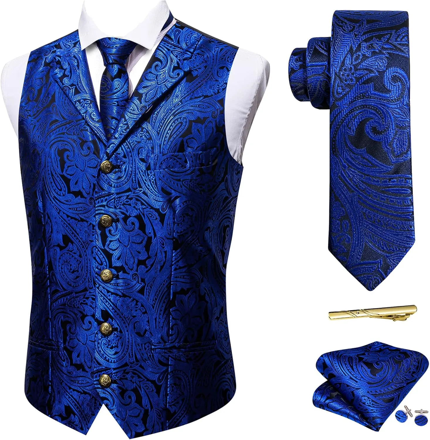 Barry.Wang Mens Paisley Formal Silk Jacquard Suit Vest Tailored Collar Waistcoat Tie Clip Set 5PCS Wedding Party Tuxedo