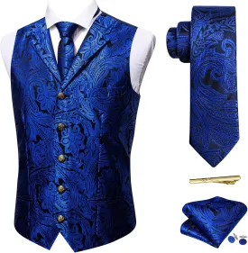 Barry.Wang Mens Paisley Formal Silk Jacquard Suit Vest Tailored Collar Waistcoat Tie Clip Set 5PCS Wedding Party Tuxedo