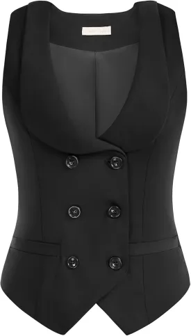 Belle Poque Women Double Breasted Waistcoat Vintage Lapel Collar Vest Coat with 2 Pockets