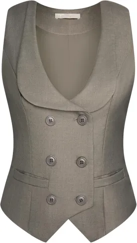 Belle Poque Women Double Breasted Waistcoat Vintage Lapel Collar Vest Coat with 2 Pockets