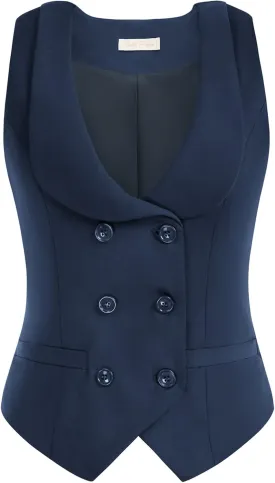 Belle Poque Women Double Breasted Waistcoat Vintage Lapel Collar Vest Coat with 2 Pockets