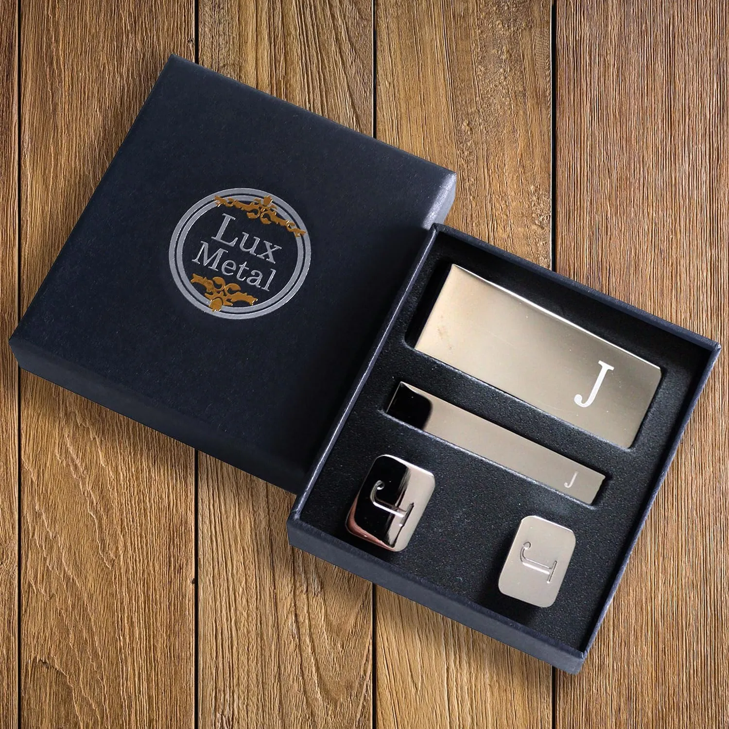BodyJ4You 4PC Cufflinks, Tie Bar, Money Clip - Initial A-Z Alphabet Letter - Stainless Steel Men's Cuff Links Shirt Tie Suit - Fathers Day Wedding Groom Gift Box