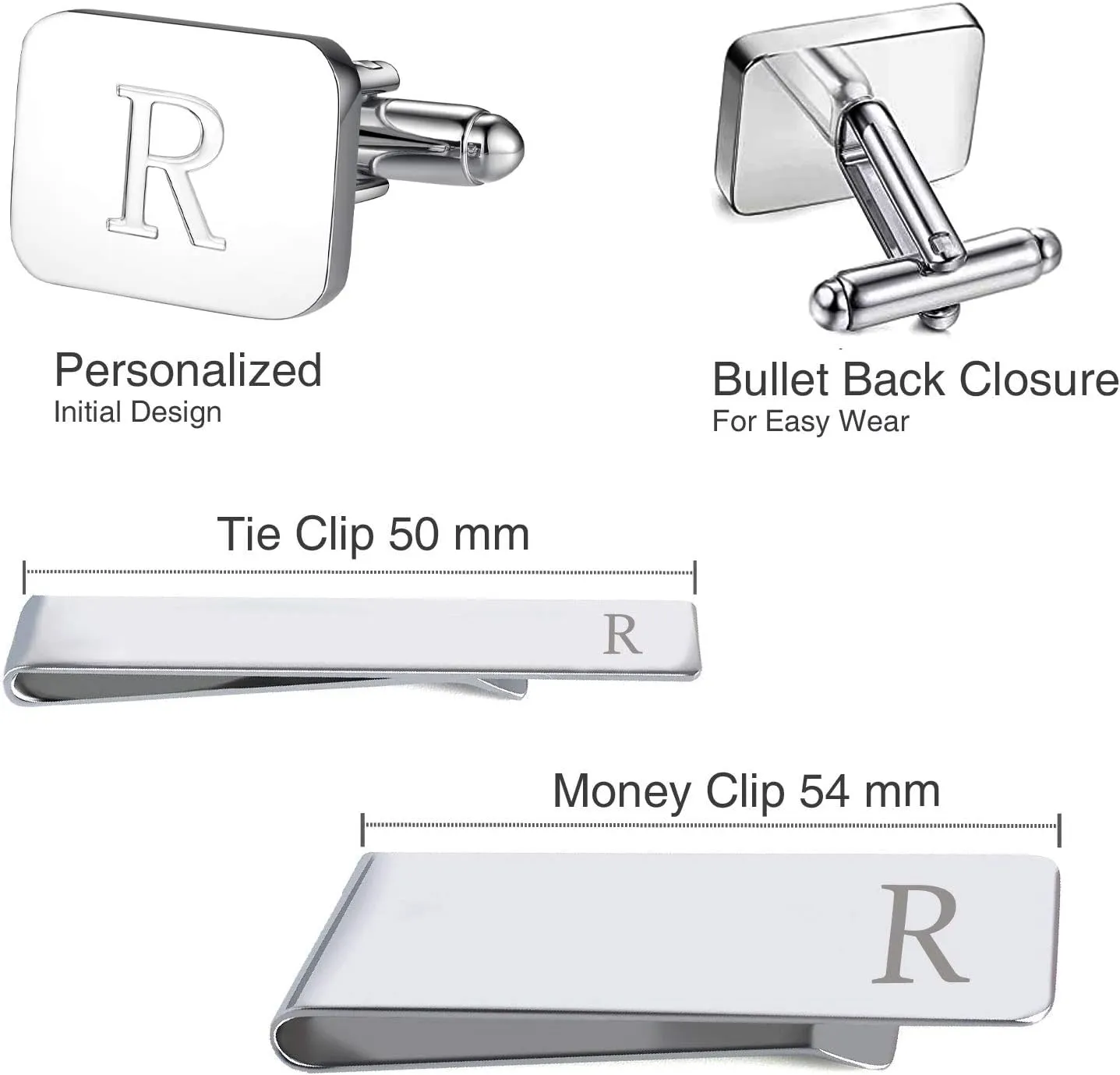 BodyJ4You 4PC Cufflinks, Tie Bar, Money Clip - Initial A-Z Alphabet Letter - Stainless Steel Men's Cuff Links Shirt Tie Suit - Fathers Day Wedding Groom Gift Box