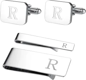 BodyJ4You 4PC Cufflinks, Tie Bar, Money Clip - Initial A-Z Alphabet Letter - Stainless Steel Men's Cuff Links Shirt Tie Suit - Fathers Day Wedding Groom Gift Box
