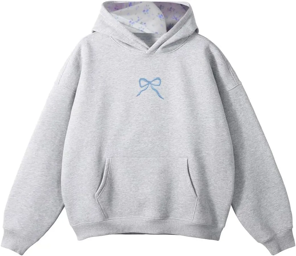 Bow Hoodie Hibiscus Women Oversized Cute Graphic Embroidered Preppy Y2K Long Sleeve Sweatshirt Pullover
