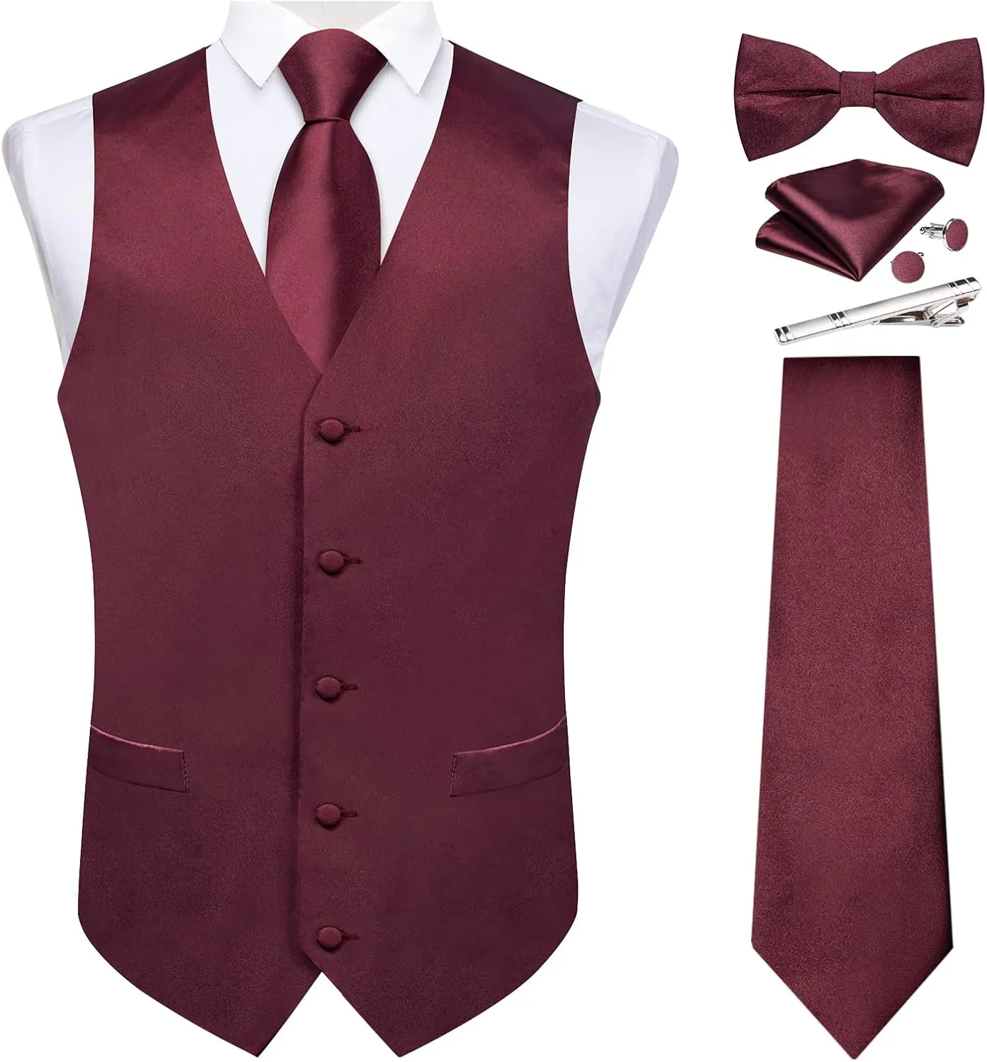 DiBanGu Suit Vest for Men Vest Set with Tie Bowtie Tie Clip Pocket Square Cufflinks 6Pcs Waistcoat