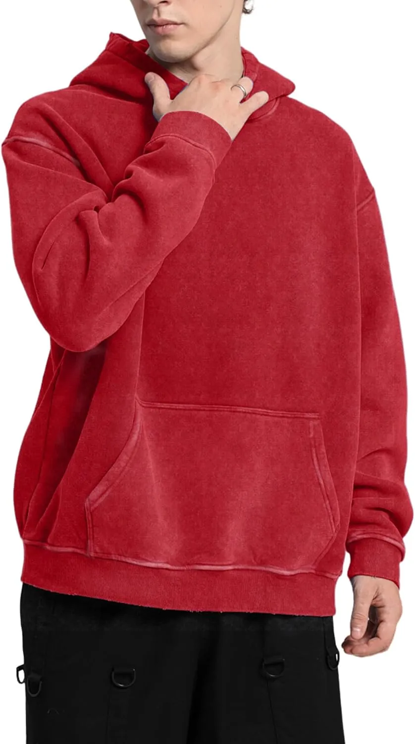FAIABLE Mens Hoodies Pullover Oversized Hoodie Wash Plush Cotton Hooded Sweatshirt Vintage Heavyweight Hoodie Men Streetwear