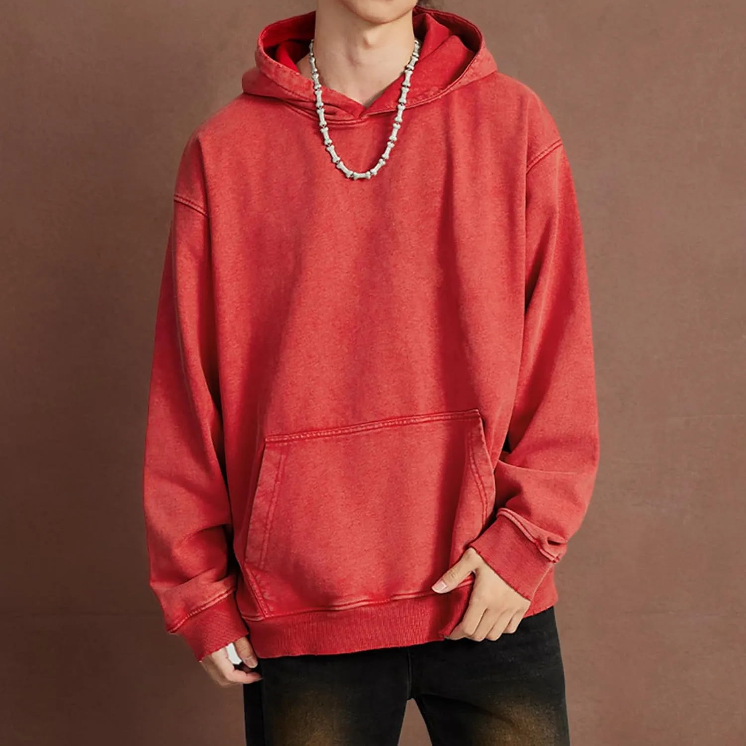 FAIABLE Mens Hoodies Pullover Oversized Hoodie Wash Plush Cotton Hooded Sweatshirt Vintage Heavyweight Hoodie Men Streetwear