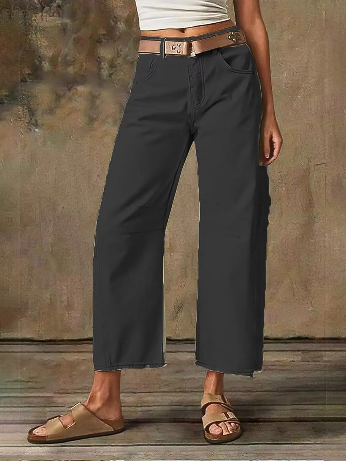 Flamingals Womens Mid Waist Crop Straight Leg Jeans with Solid Stitch Detail Casual Fashion Trendy Denim Pants