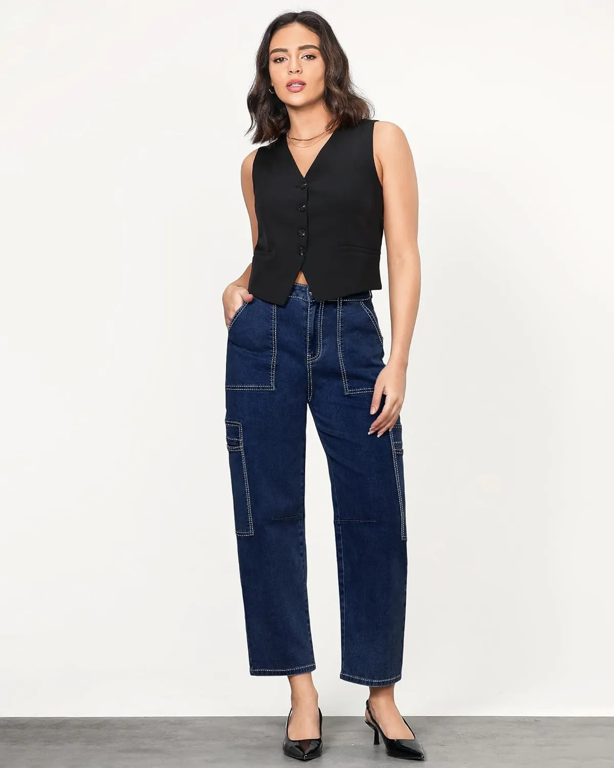 GRAPENT Barrel Jeans for Women Trendy High Waisted Cropped Cargo Pocket Baggy Stretch Denim Pants Wide Leg Tapered Jeans
