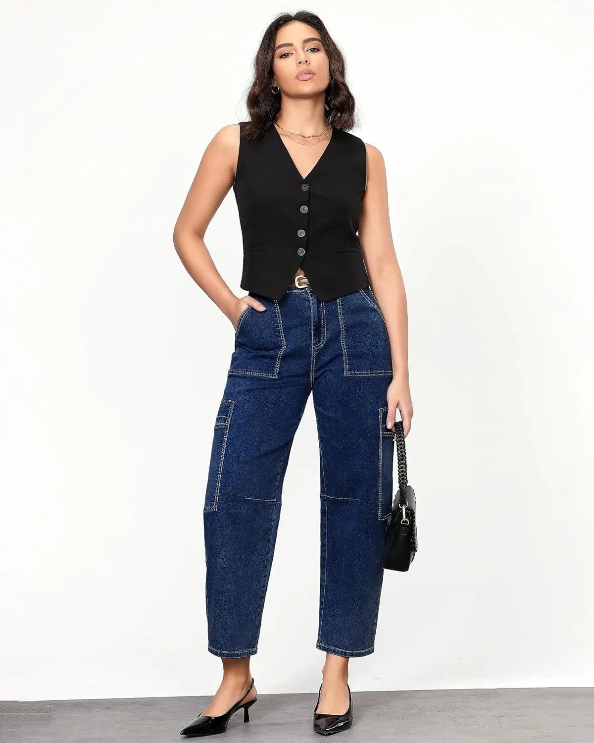 GRAPENT Barrel Jeans for Women Trendy High Waisted Cropped Cargo Pocket Baggy Stretch Denim Pants Wide Leg Tapered Jeans