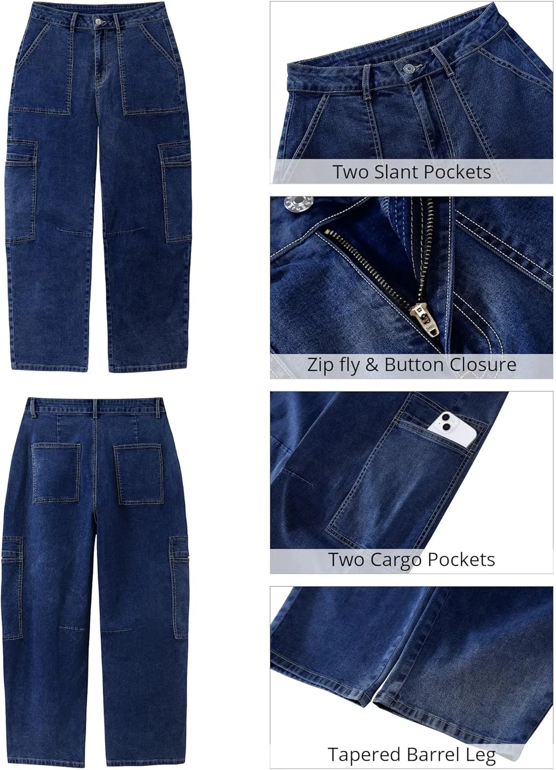 GRAPENT Barrel Jeans for Women Trendy High Waisted Cropped Cargo Pocket Baggy Stretch Denim Pants Wide Leg Tapered Jeans