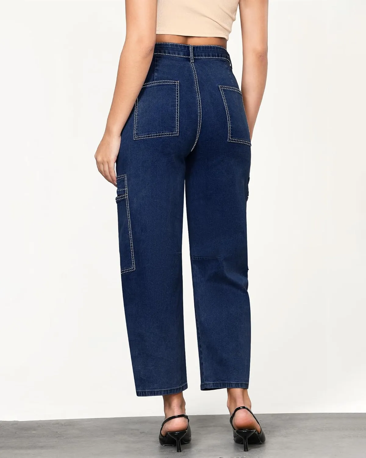 GRAPENT Barrel Jeans for Women Trendy High Waisted Cropped Cargo Pocket Baggy Stretch Denim Pants Wide Leg Tapered Jeans