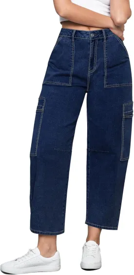 GRAPENT Barrel Jeans for Women Trendy High Waisted Cropped Cargo Pocket Baggy Stretch Denim Pants Wide Leg Tapered Jeans