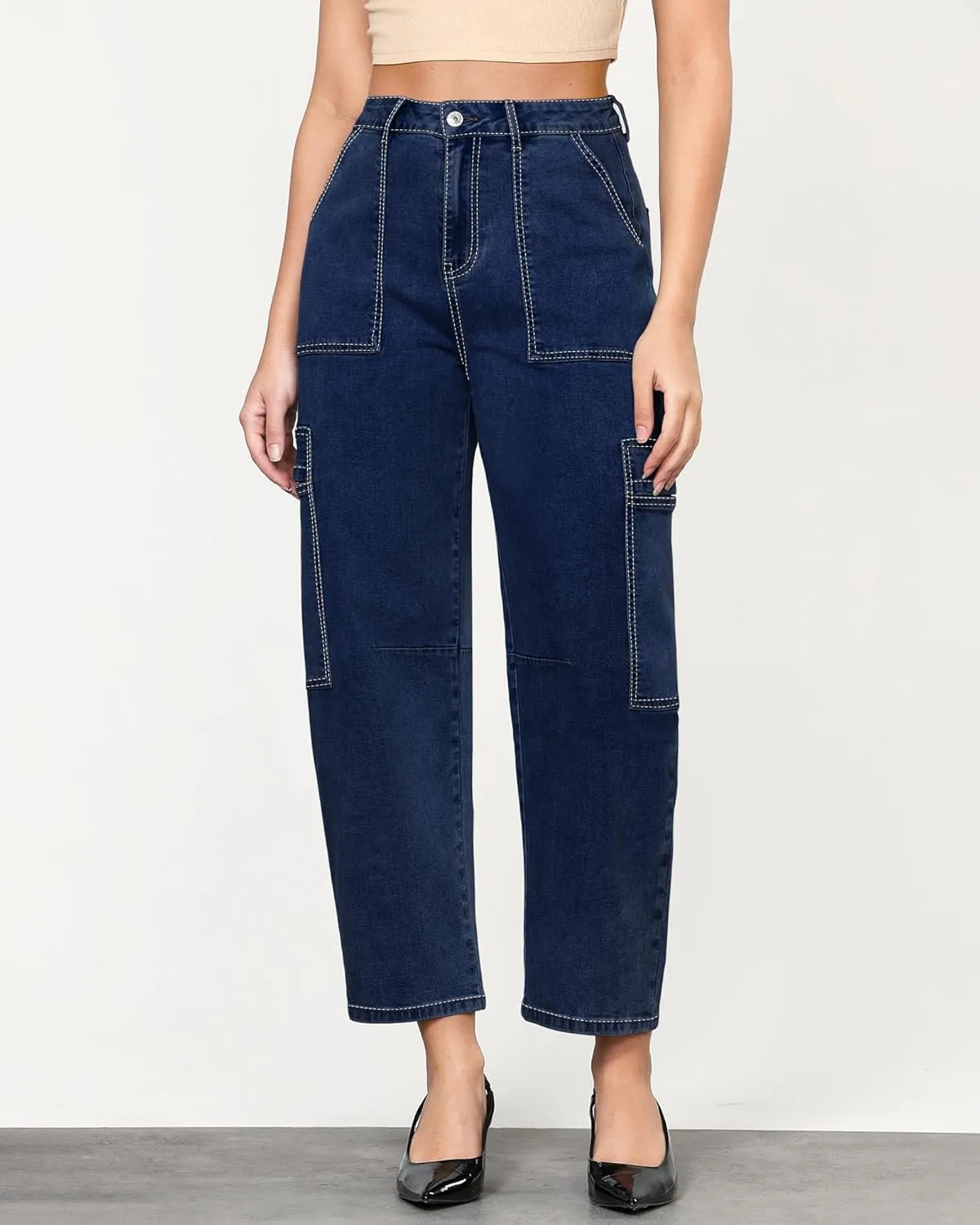 GRAPENT Barrel Jeans for Women Trendy High Waisted Cropped Cargo Pocket Baggy Stretch Denim Pants Wide Leg Tapered Jeans