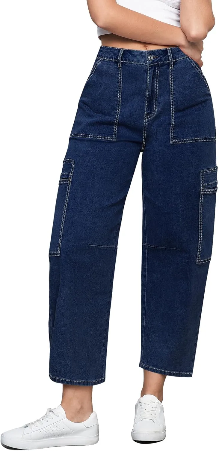 GRAPENT Barrel Jeans for Women Trendy High Waisted Cropped Cargo Pocket Baggy Stretch Denim Pants Wide Leg Tapered Jeans