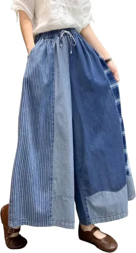 HaoMay Women's Loose Fit Elastic Waist Wide Leg Jeans Palazzo Pants Culottes