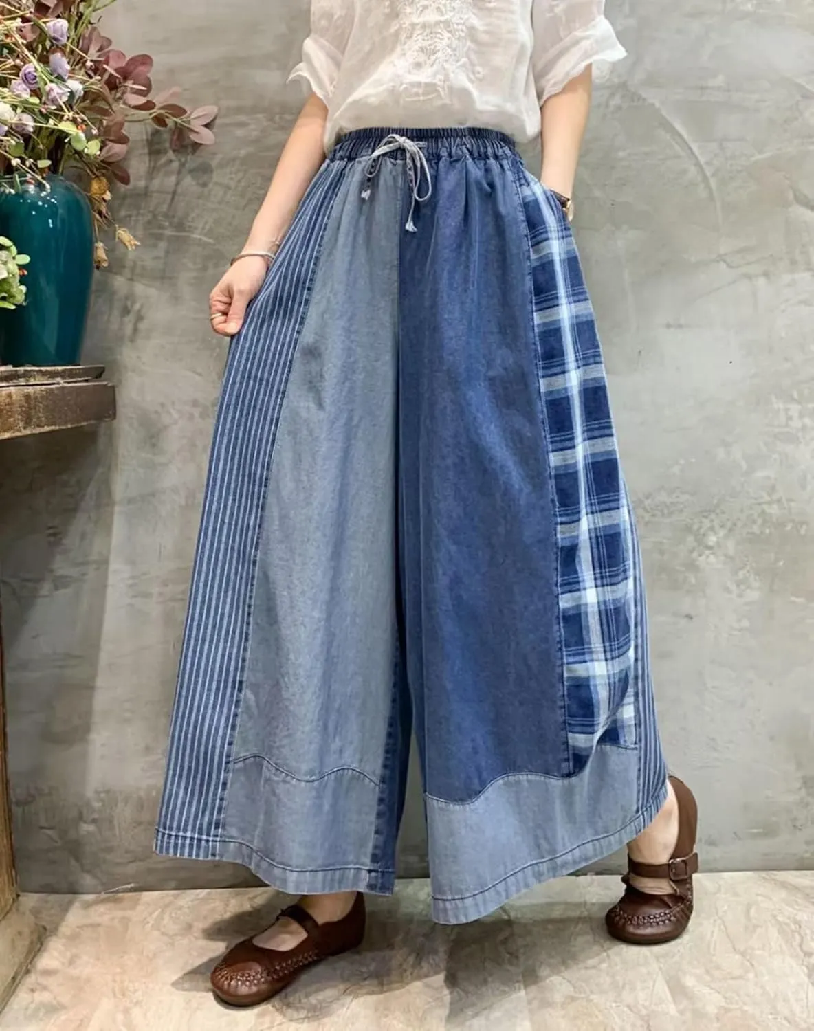 HaoMay Women's Loose Fit Elastic Waist Wide Leg Jeans Palazzo Pants Culottes