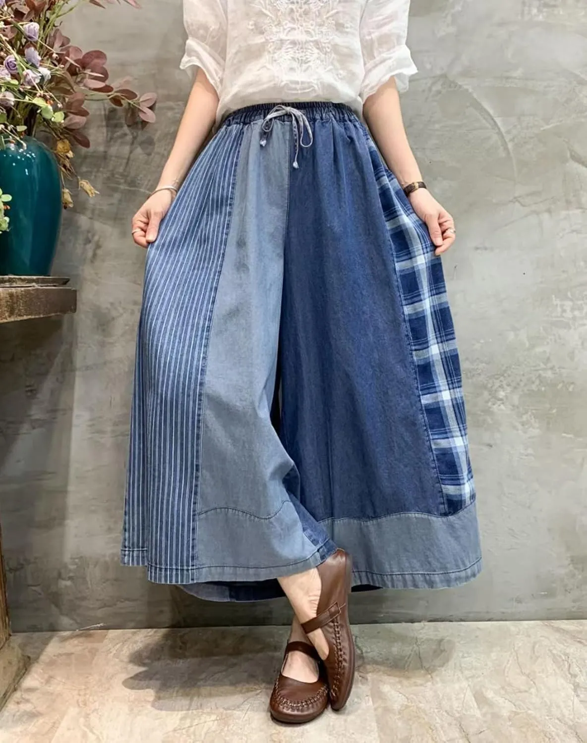 HaoMay Women's Loose Fit Elastic Waist Wide Leg Jeans Palazzo Pants Culottes