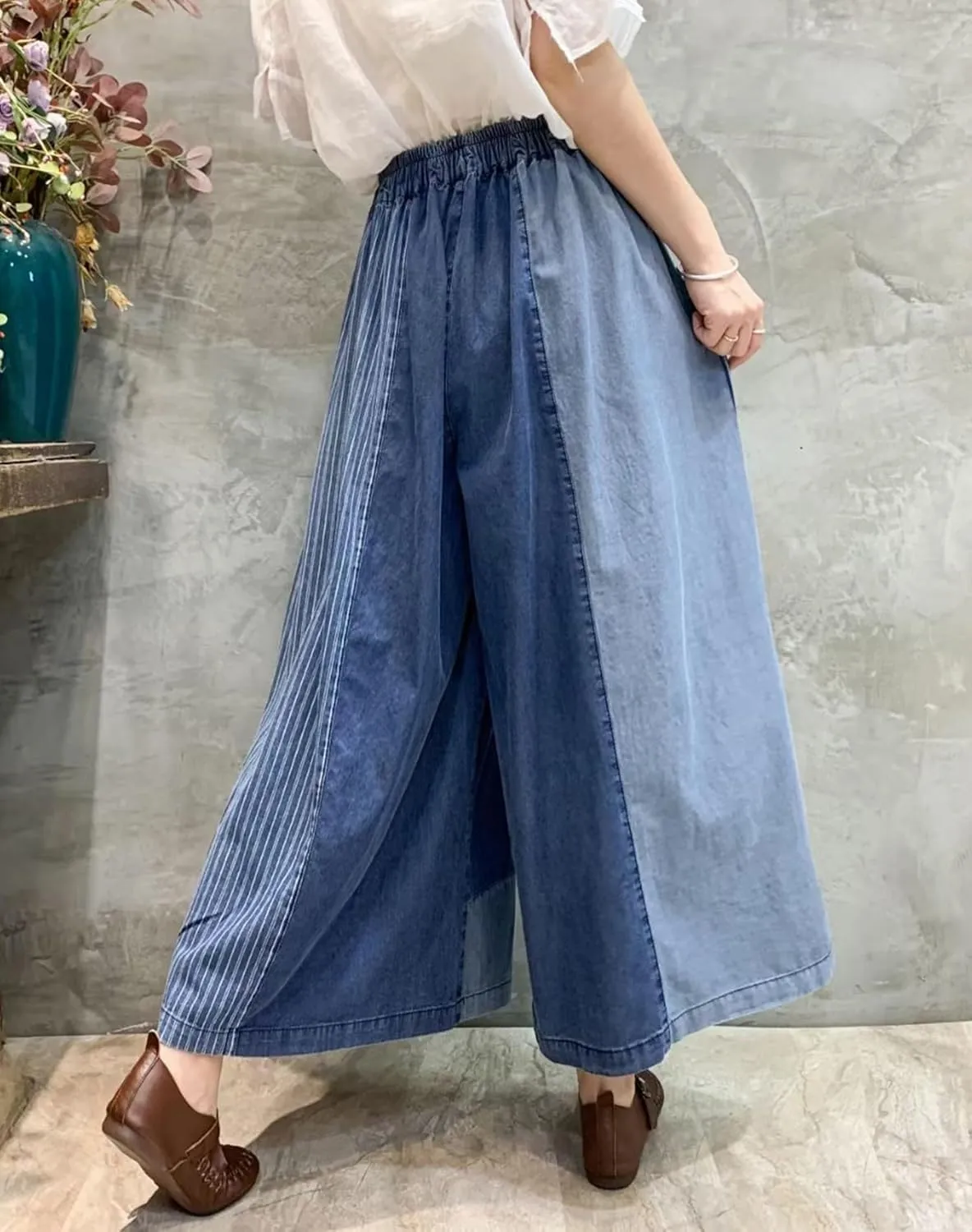 HaoMay Women's Loose Fit Elastic Waist Wide Leg Jeans Palazzo Pants Culottes