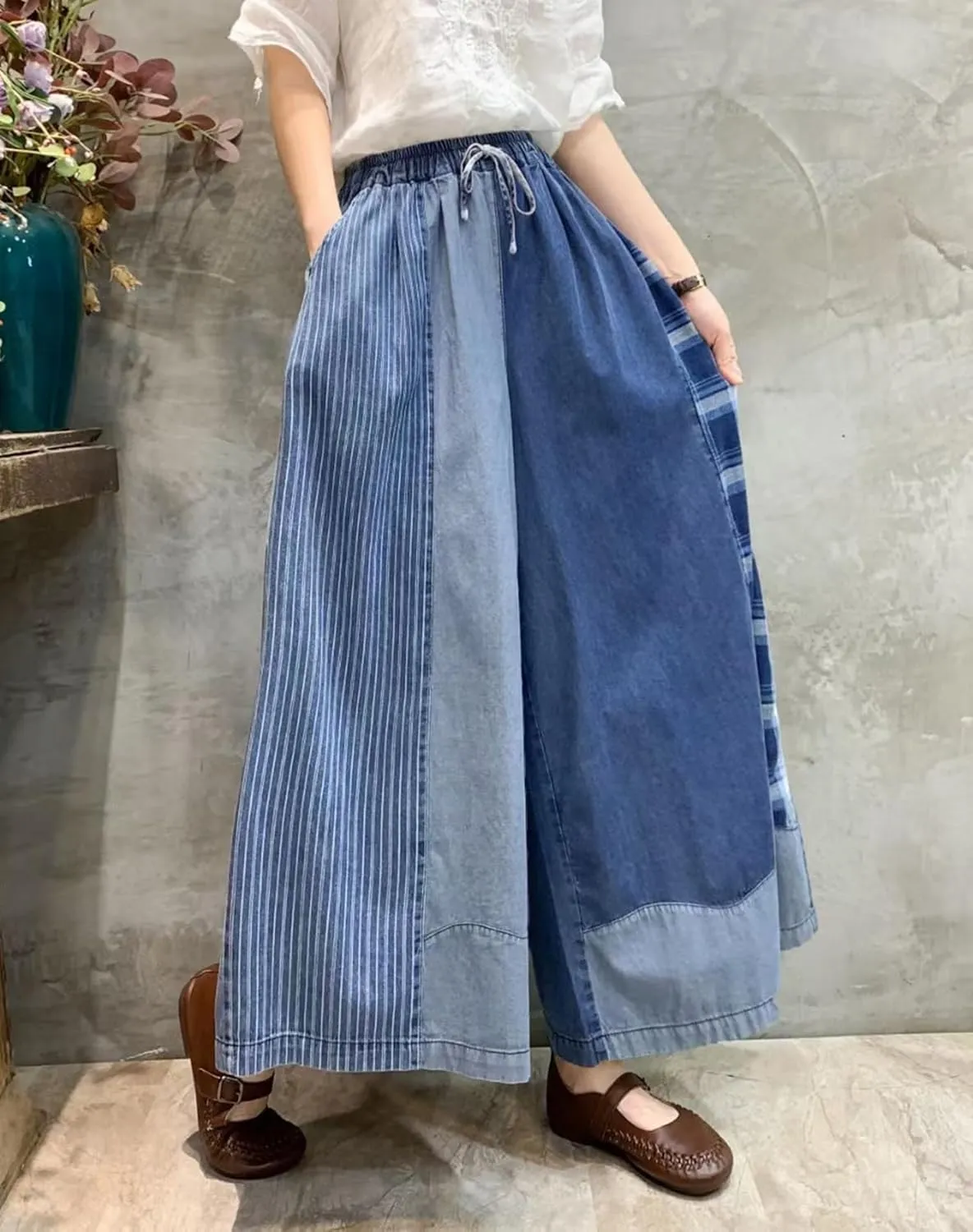 HaoMay Women's Loose Fit Elastic Waist Wide Leg Jeans Palazzo Pants Culottes