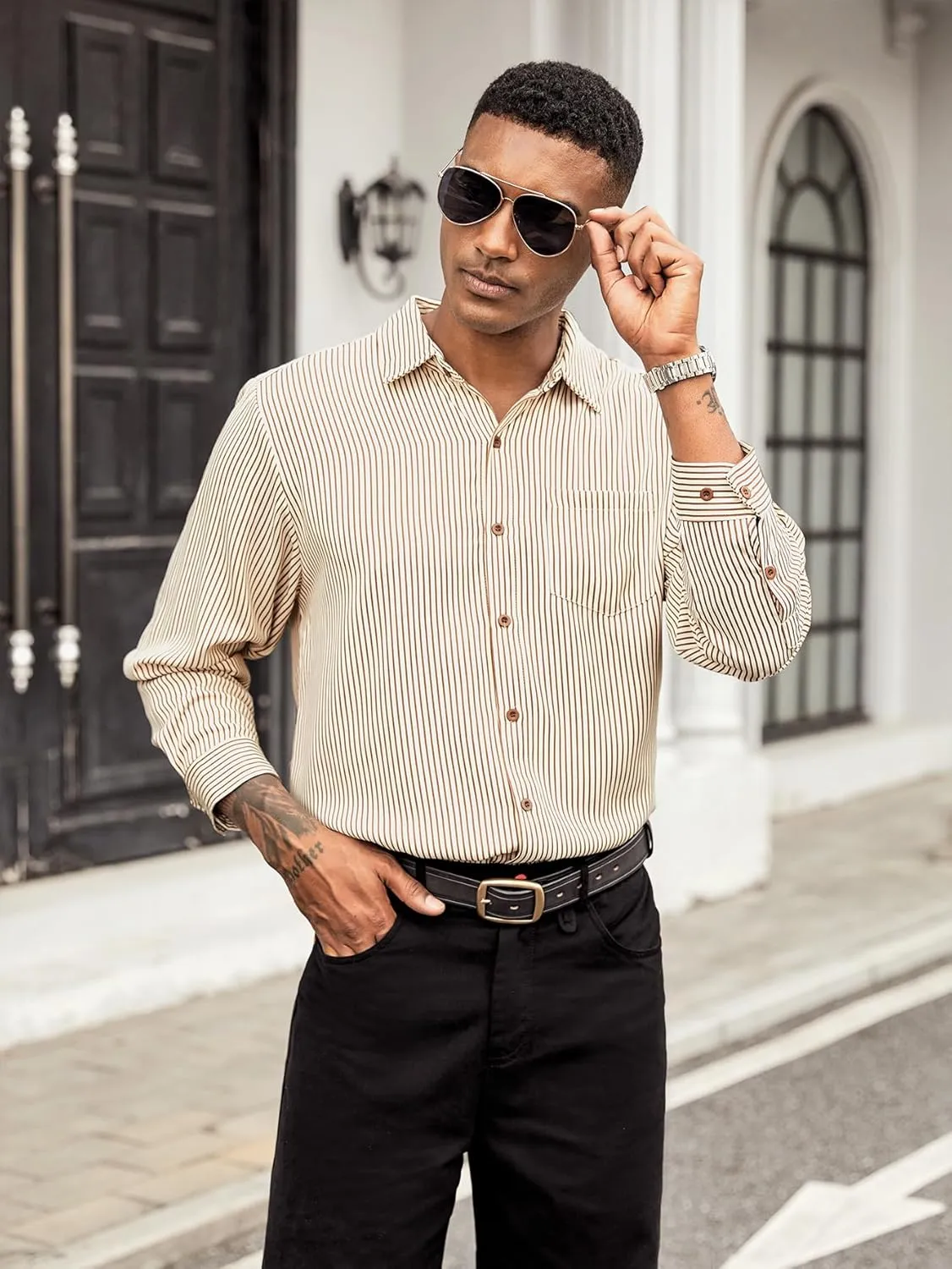 Hardaddy Men's Classic Color Contrast Striped Shirt Long Sleeve Casual Button Down Shirts Blouse