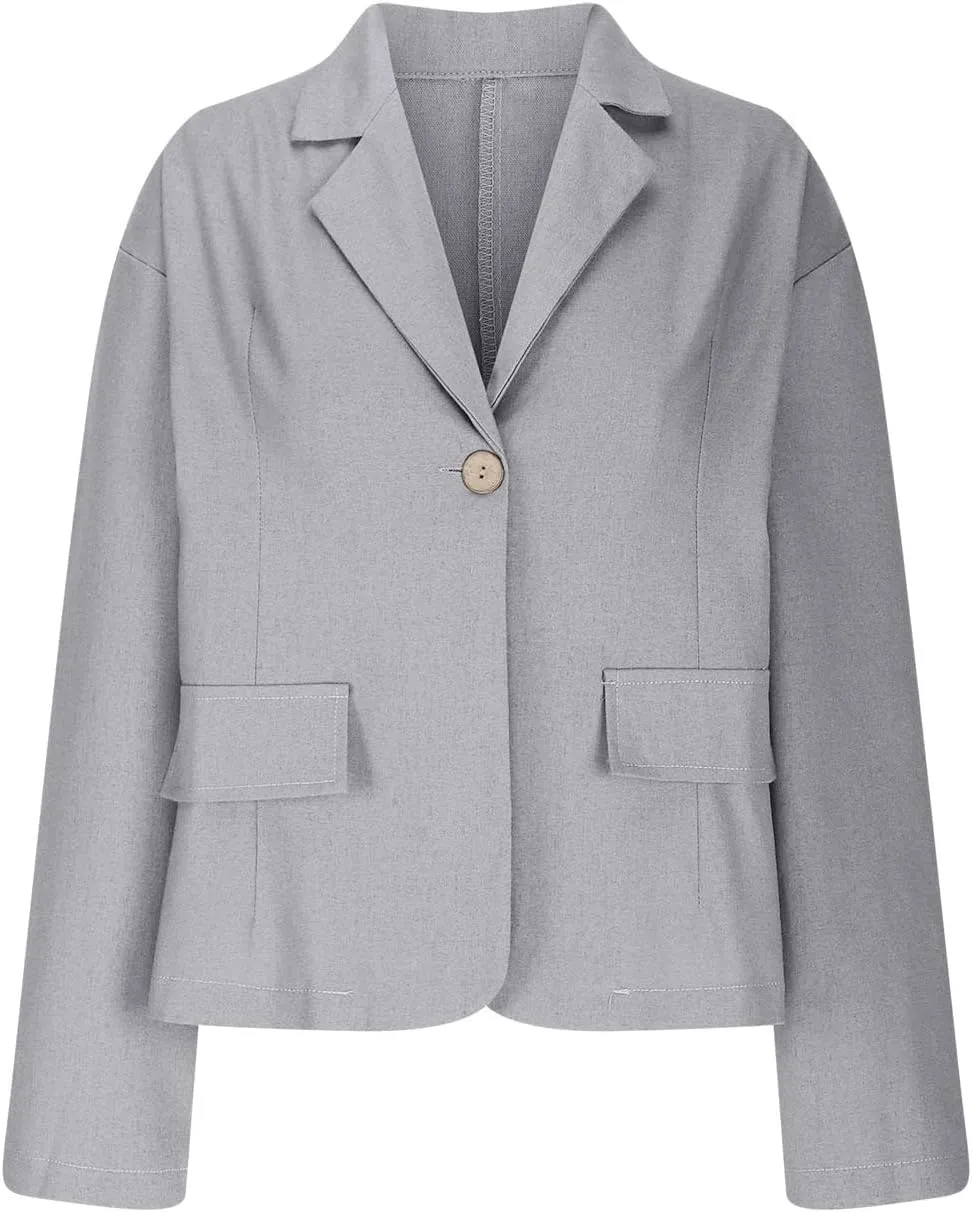 HGps8w Cotton Linen Blazer for Women 3/4 Sleeve Lightweight Breathable Casual One Button Suit Jacket