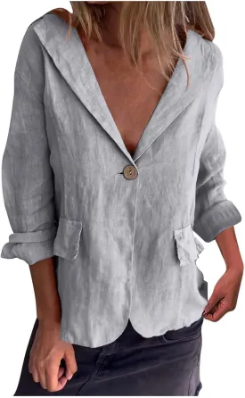 HGps8w Cotton Linen Blazer for Women 3/4 Sleeve Lightweight Breathable Casual One Button Suit Jacket
