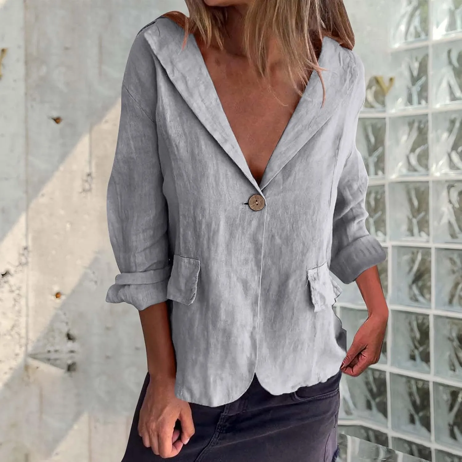HGps8w Cotton Linen Blazer for Women 3/4 Sleeve Lightweight Breathable Casual One Button Suit Jacket