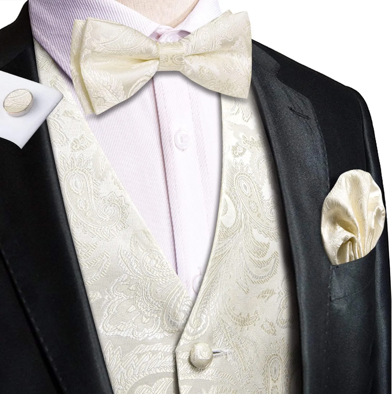 Hi-Tie Men's Silk Vest Bowtie Set Formal Suit Vest Jacquard Tie Handkerchief Cufflinks 5PCS Dress Waistcoats Wedding
