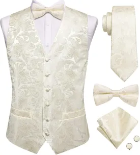 Hi-Tie Men's Silk Vest Bowtie Set Formal Suit Vest Jacquard Tie Handkerchief Cufflinks 5PCS Dress Waistcoats Wedding