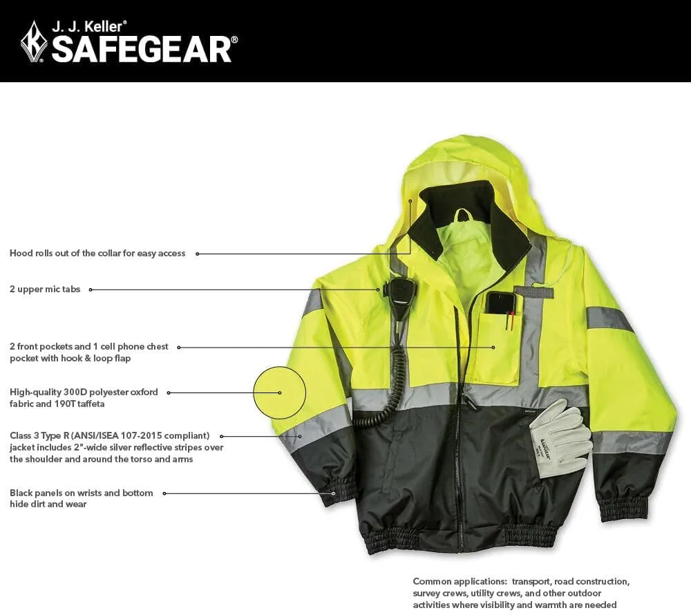 J. J. Keller & Associates, Inc. High Visibility Bomber Jacket, Type R Class 3, Full-Zip Reflective Jacket, Lime, SAFEGEAR