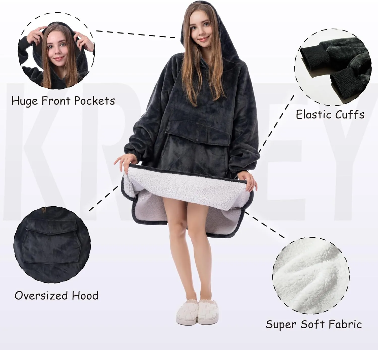 Krifey Wearable Blanket Hoodie, Oversized Sherpa Hooded as Birthday Gifts Christmas Gifts for Mom Women Girlfriend Men, Cozy Sweatshirt with Giant Pocket